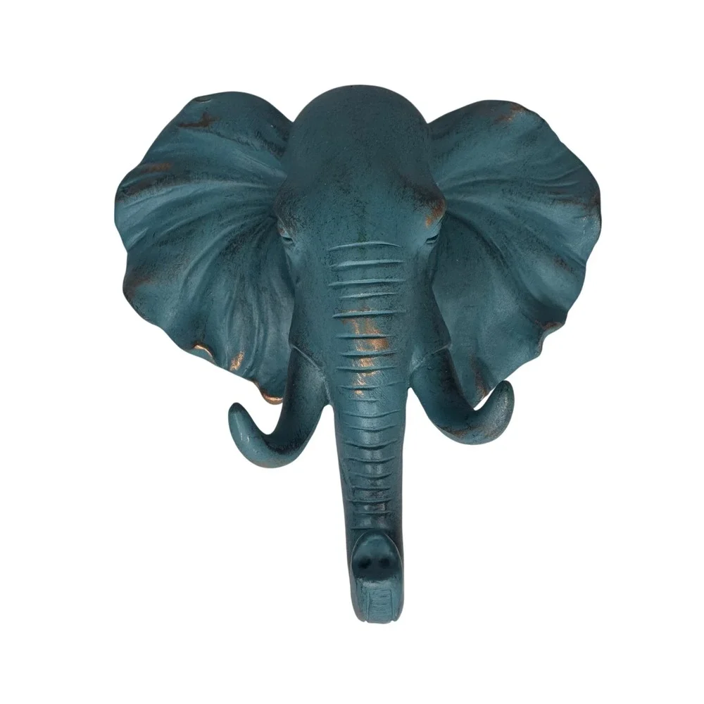 Bohemian Boho Elephant Head Wall Hooks Set of 2 Green Bronze Resin Safari Decor